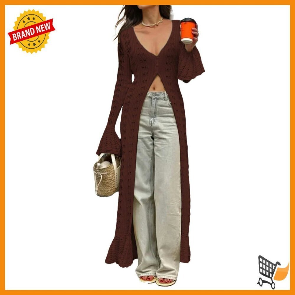 Long Crochet Cardigan Button Up Knit Hollow Out Duster Sweater